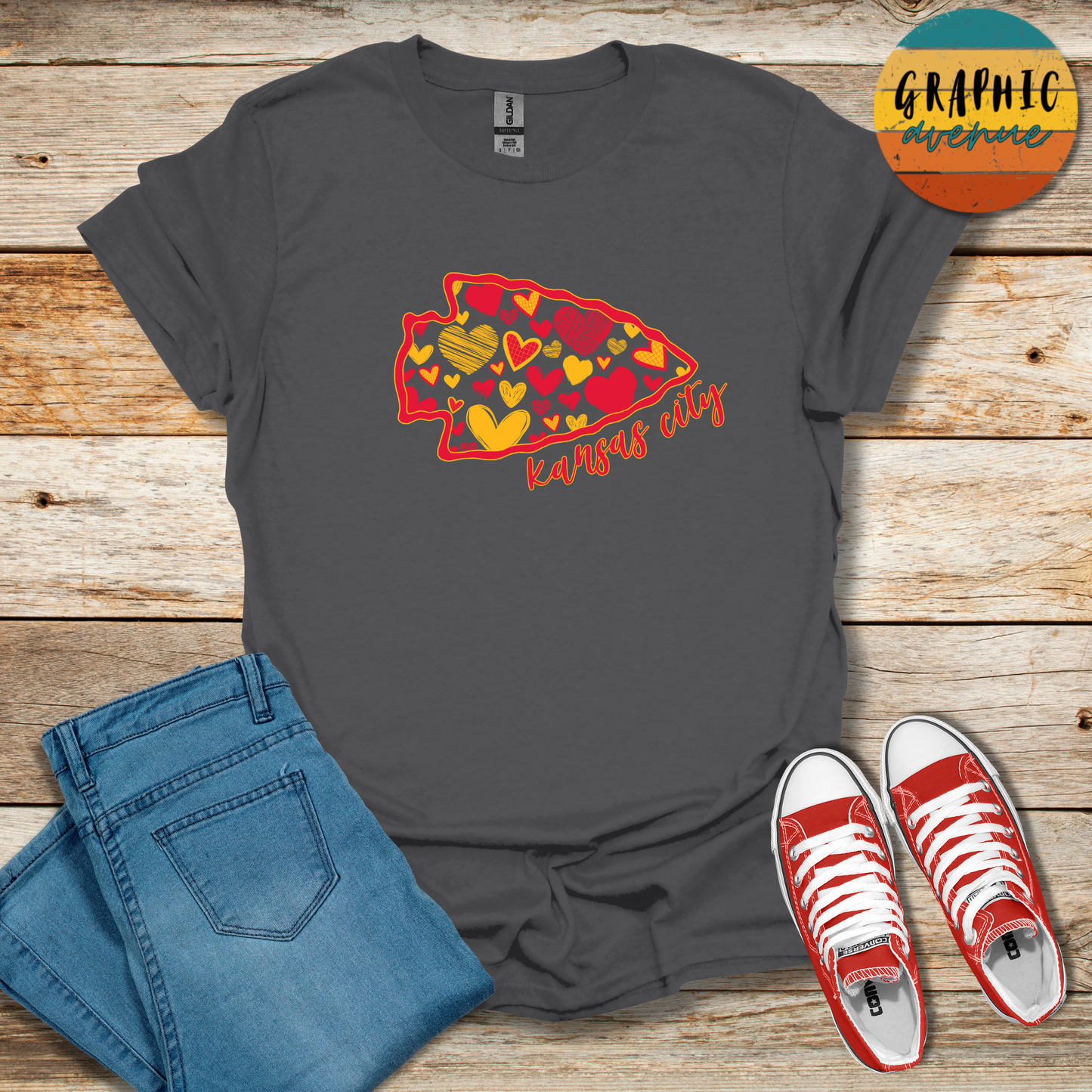 Kansas City Chiefs Arrowhead Heart Tee Shirt - 5 Colors Available in Youth and Adult Sizes