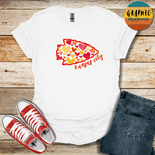 Kansas City Chiefs Arrowhead Heart Tee Shirt - 5 Colors Available in Youth and Adult Sizes