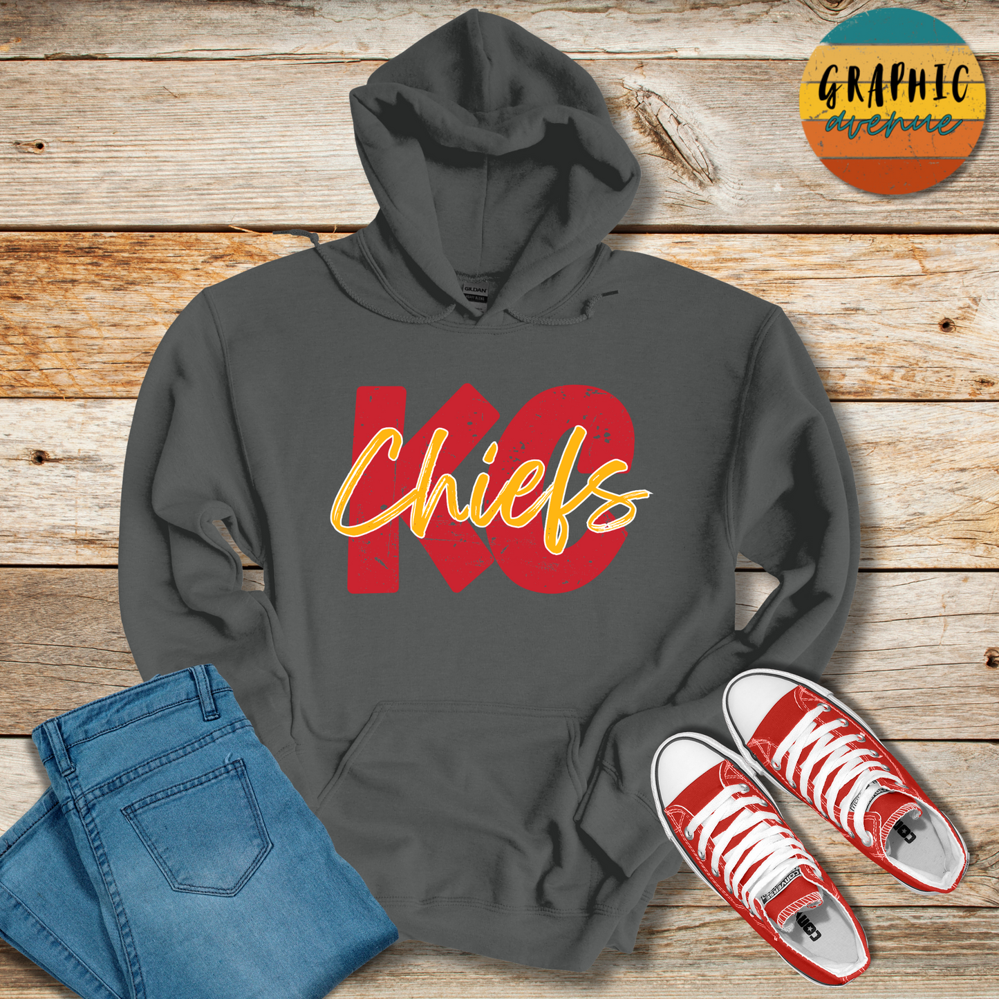 KC Chiefs Hooded Sweatshirt - 5 Colors Available in Youth and Adult Sizes