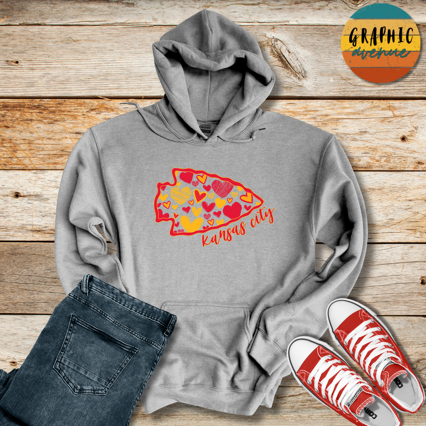 Kansas City Chiefs Arrowhead Heart Hooded Sweatshirt - 5 Colors Available in Youth and Adult Sizes