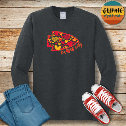 Kansas City Chiefs Arrowhead Heart Long Sleeve Tee Shirt- 5 Colors Available in Youth and Adult Sizes