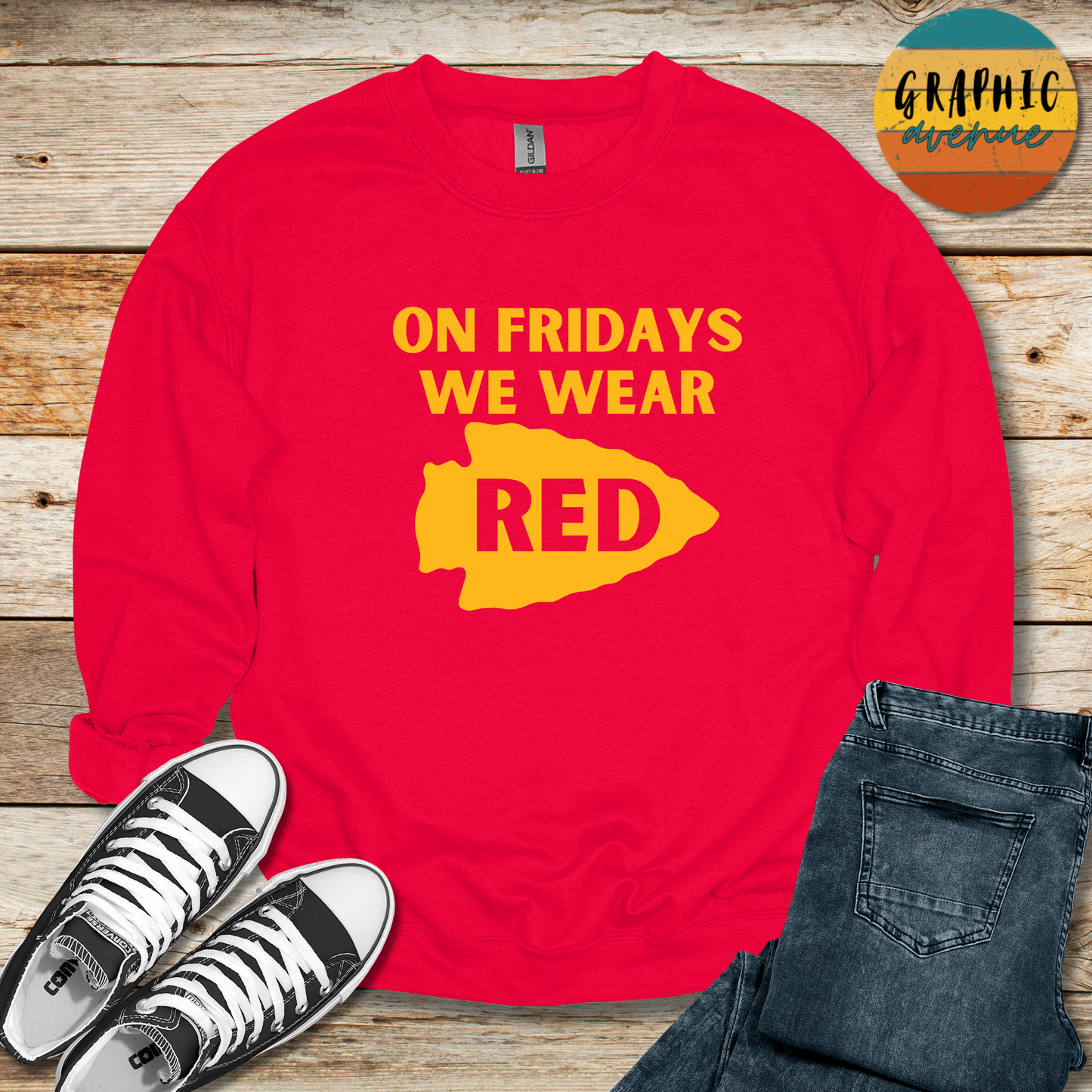 Kansas City Chiefs On Fridays We Wear Red Arrowhead Shirts  - Available in Tee Shirt, Long Sleeve Tee, Crewneck and Hooded Sweatshirt