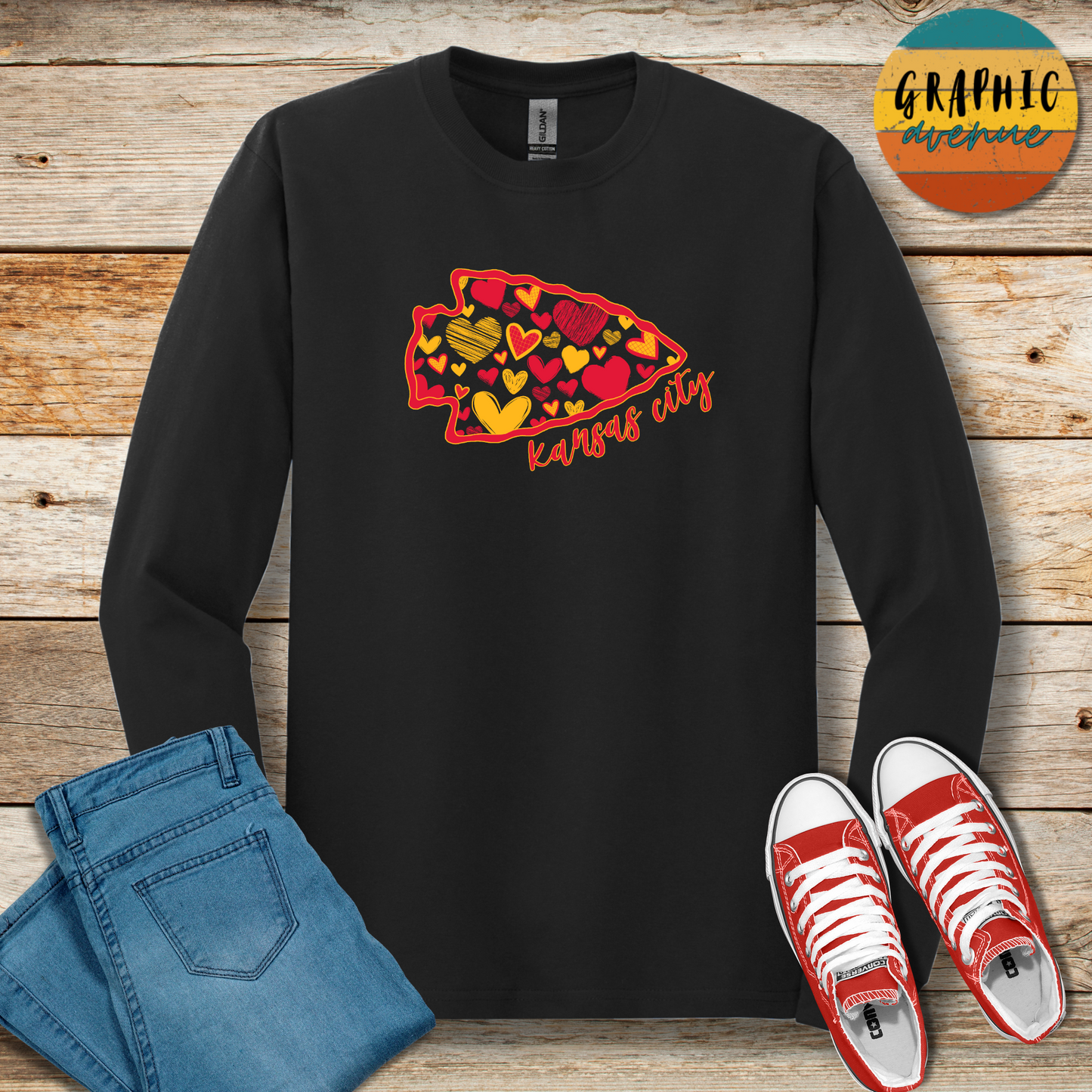 Kansas City Chiefs Arrowhead Heart Long Sleeve Tee Shirt- 5 Colors Available in Youth and Adult Sizes