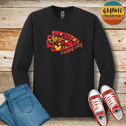 Kansas City Chiefs Arrowhead Heart Long Sleeve Tee Shirt- 5 Colors Available in Youth and Adult Sizes