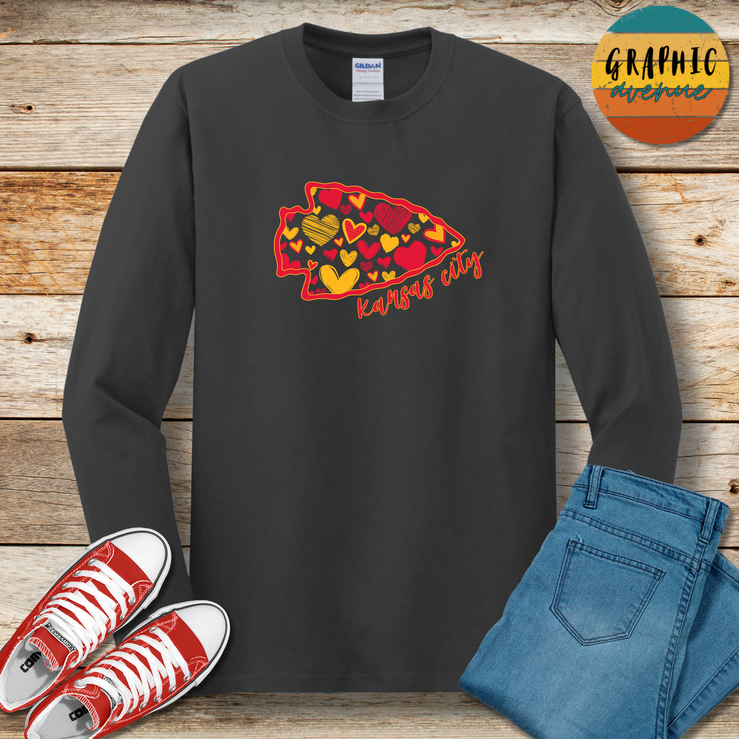 Kansas City Chiefs Arrowhead Heart Long Sleeve Tee Shirt- 5 Colors Available in Youth and Adult Sizes