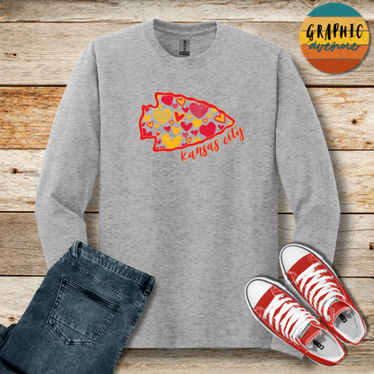 Kansas City Chiefs Arrowhead Heart Long Sleeve Tee Shirt- 5 Colors Available in Youth and Adult Sizes