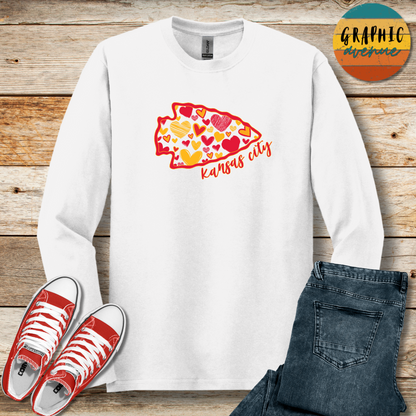 Kansas City Chiefs Arrowhead Heart Long Sleeve Tee Shirt- 5 Colors Available in Youth and Adult Sizes