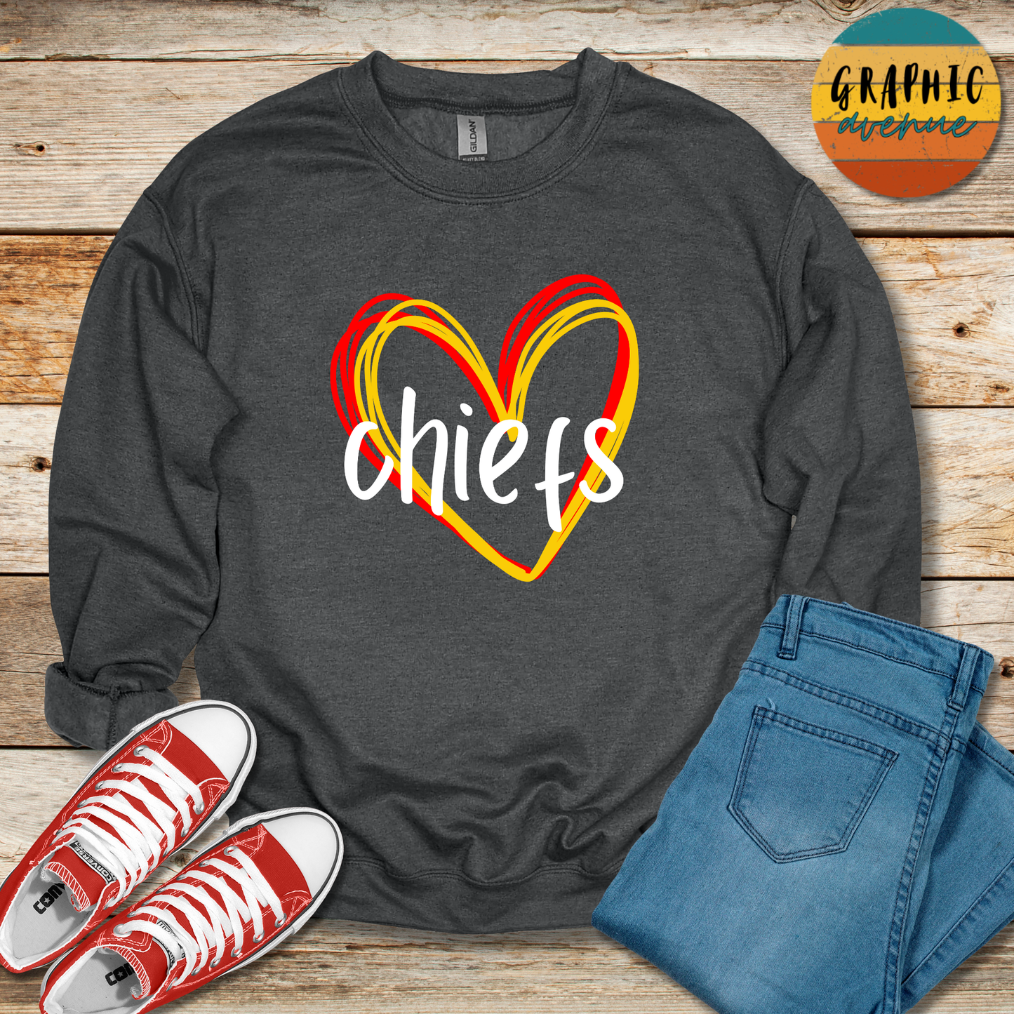 Kansas City Chiefs Heart Sweatshirt - 5 Colors Available in Youth and Adult Sizes