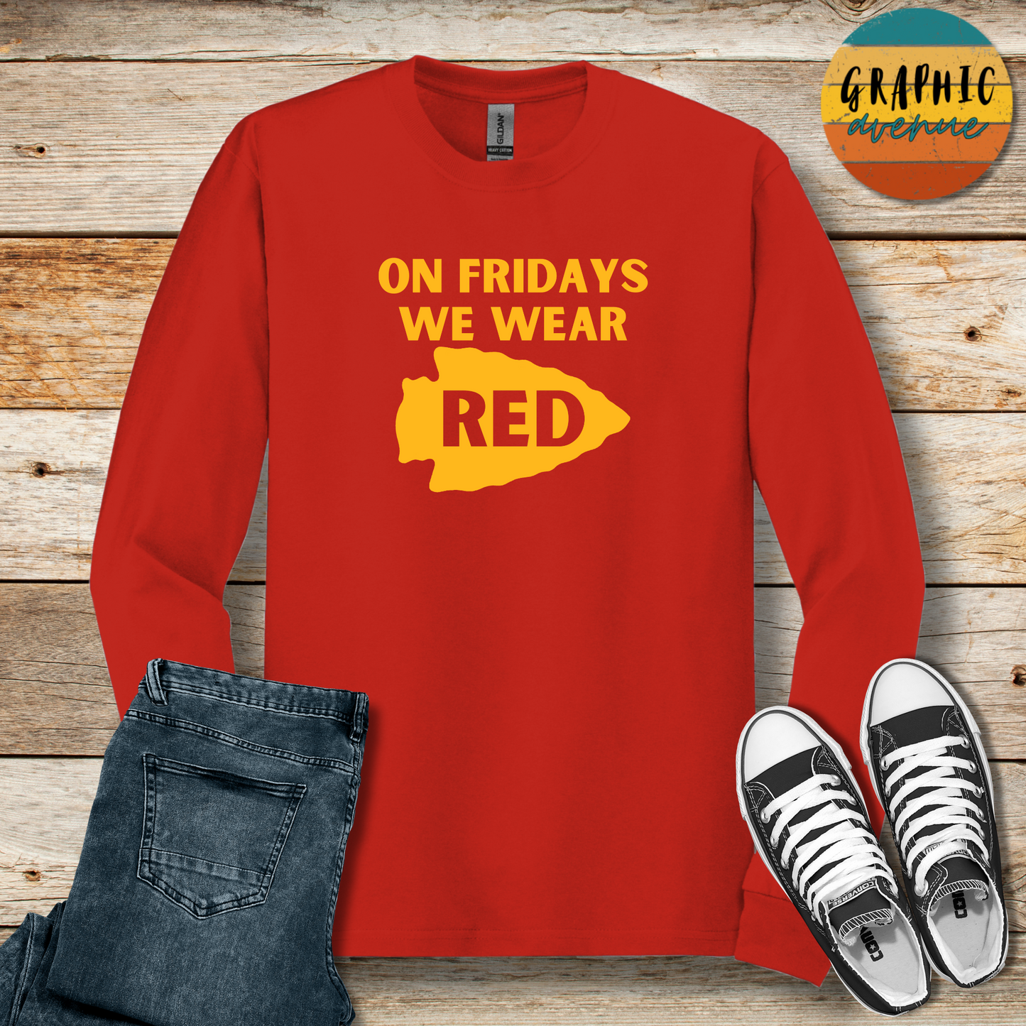 Kansas City Chiefs On Fridays We Wear Red Arrowhead Shirts  - Available in Tee Shirt, Long Sleeve Tee, Crewneck and Hooded Sweatshirt