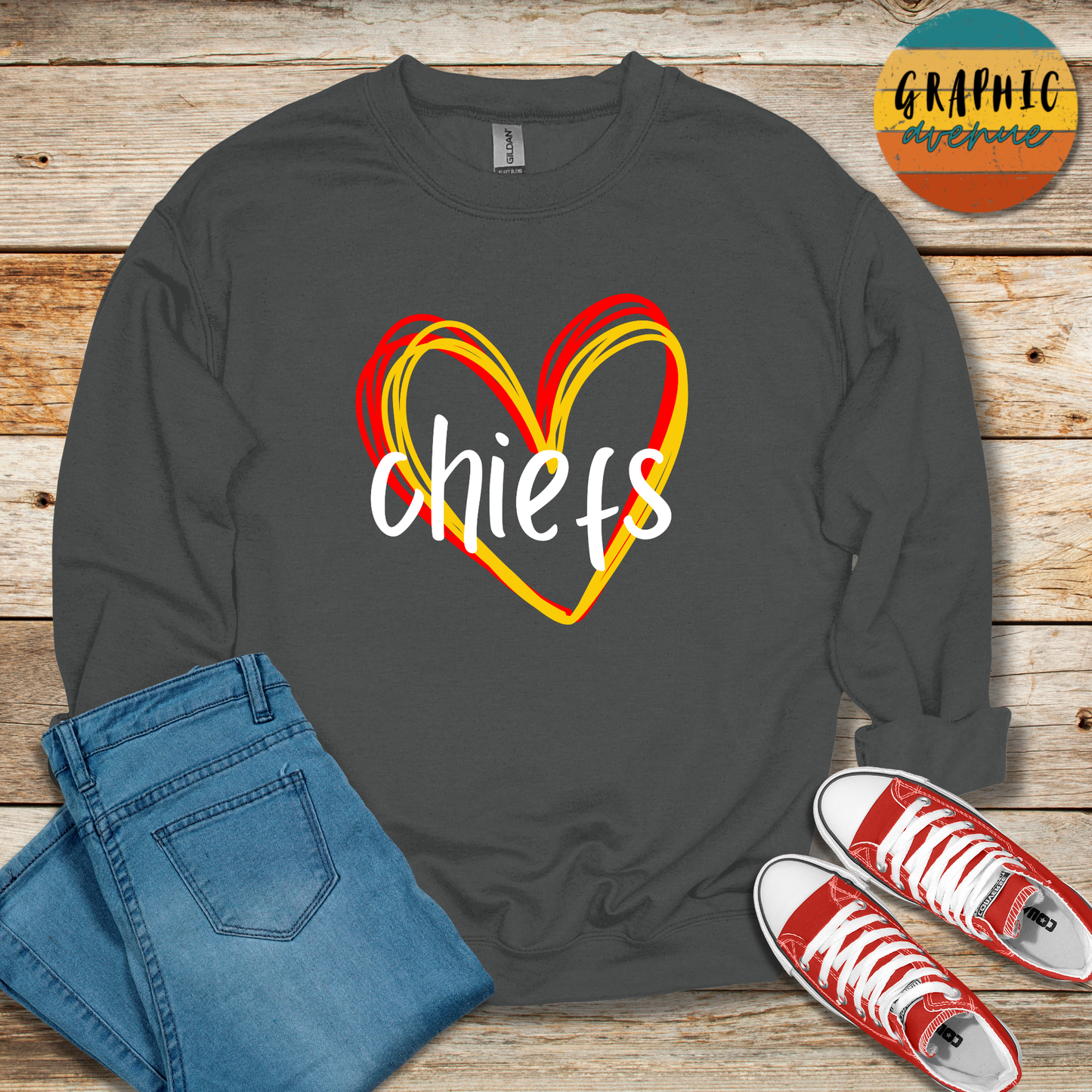 Kansas City Chiefs Heart Sweatshirt - 5 Colors Available in Youth and Adult Sizes