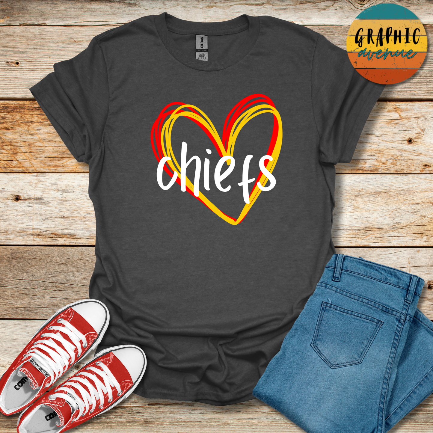 Kansas City Chiefs Heart Tee Shirt - 5 Colors Available in Youth and Adult Sizes