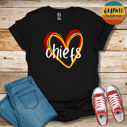 Kansas City Chiefs Heart Tee Shirt - 5 Colors Available in Youth and Adult Sizes