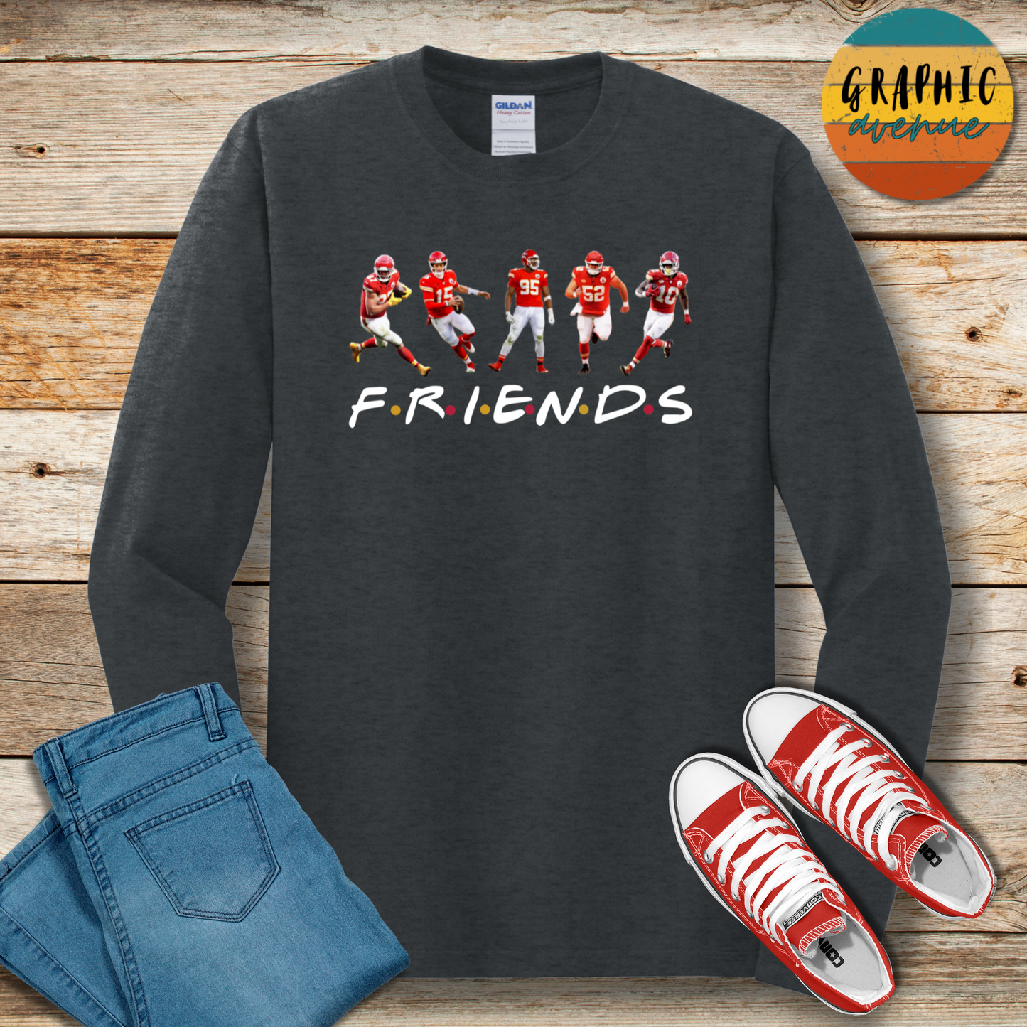 Kansas City Chiefs Friends Long Sleeve Tee Shirt- 5 Colors Available in Youth and Adult Sizes