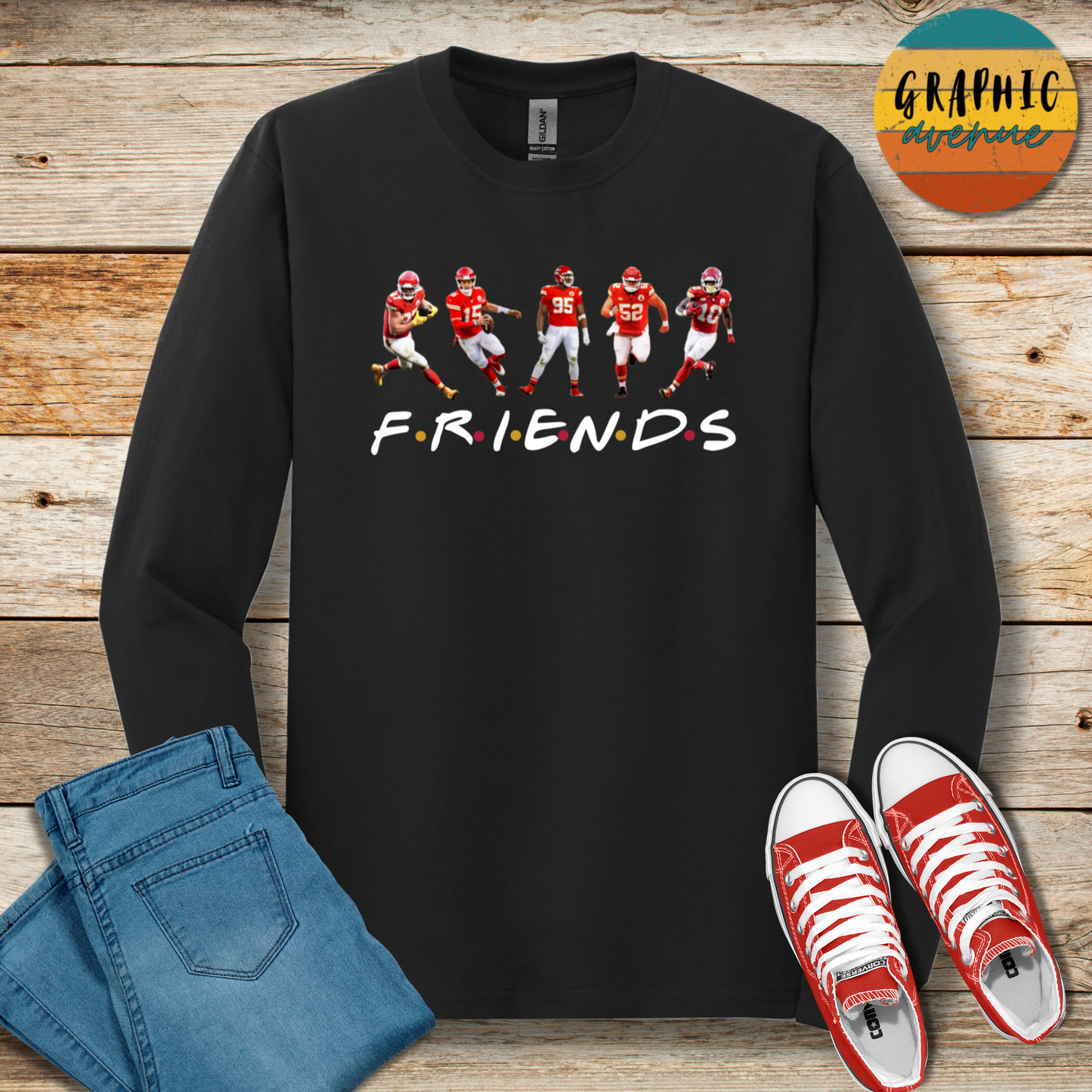 Kansas City Chiefs Friends Long Sleeve Tee Shirt- 5 Colors Available in Youth and Adult Sizes