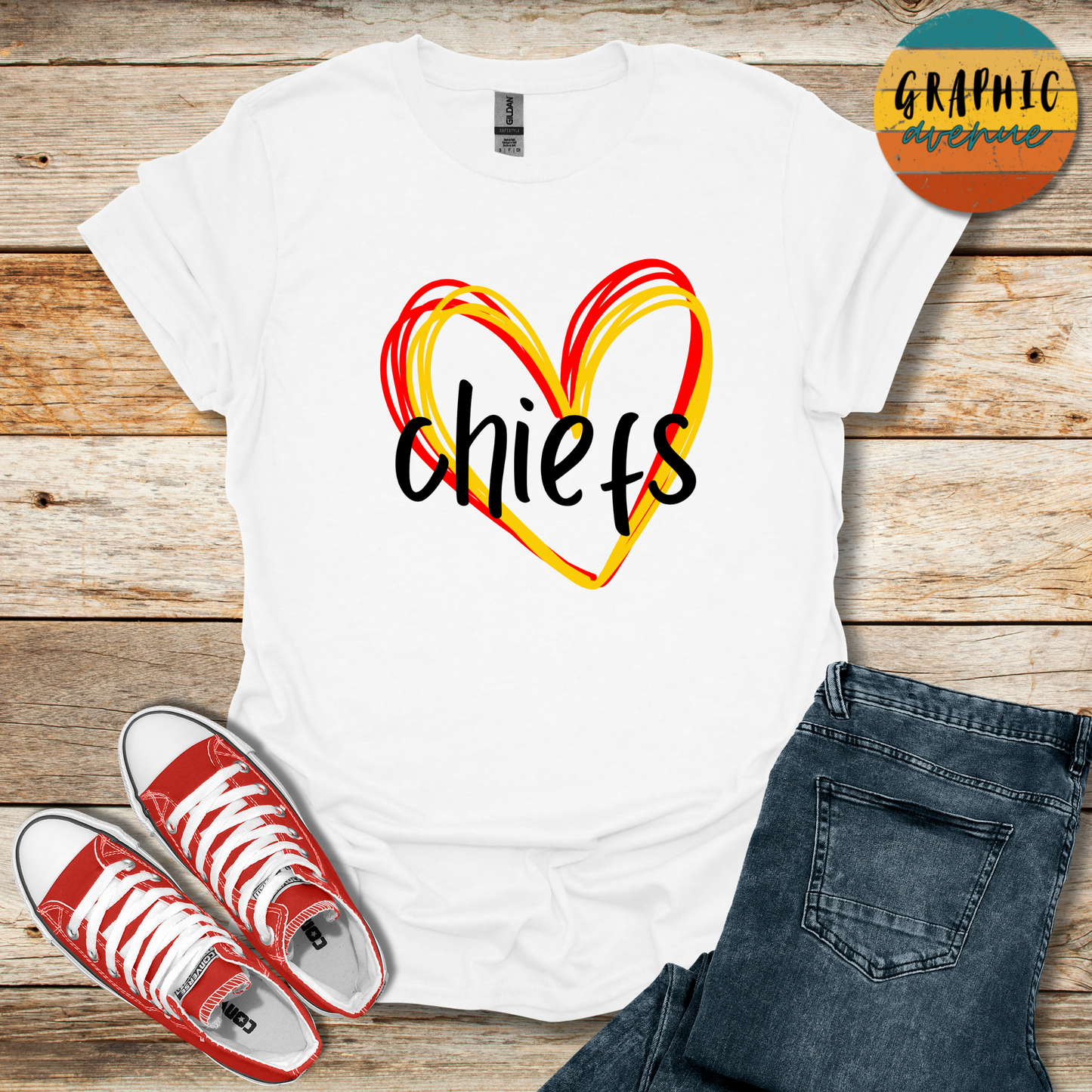 Kansas City Chiefs Heart Tee Shirt - 5 Colors Available in Youth and Adult Sizes