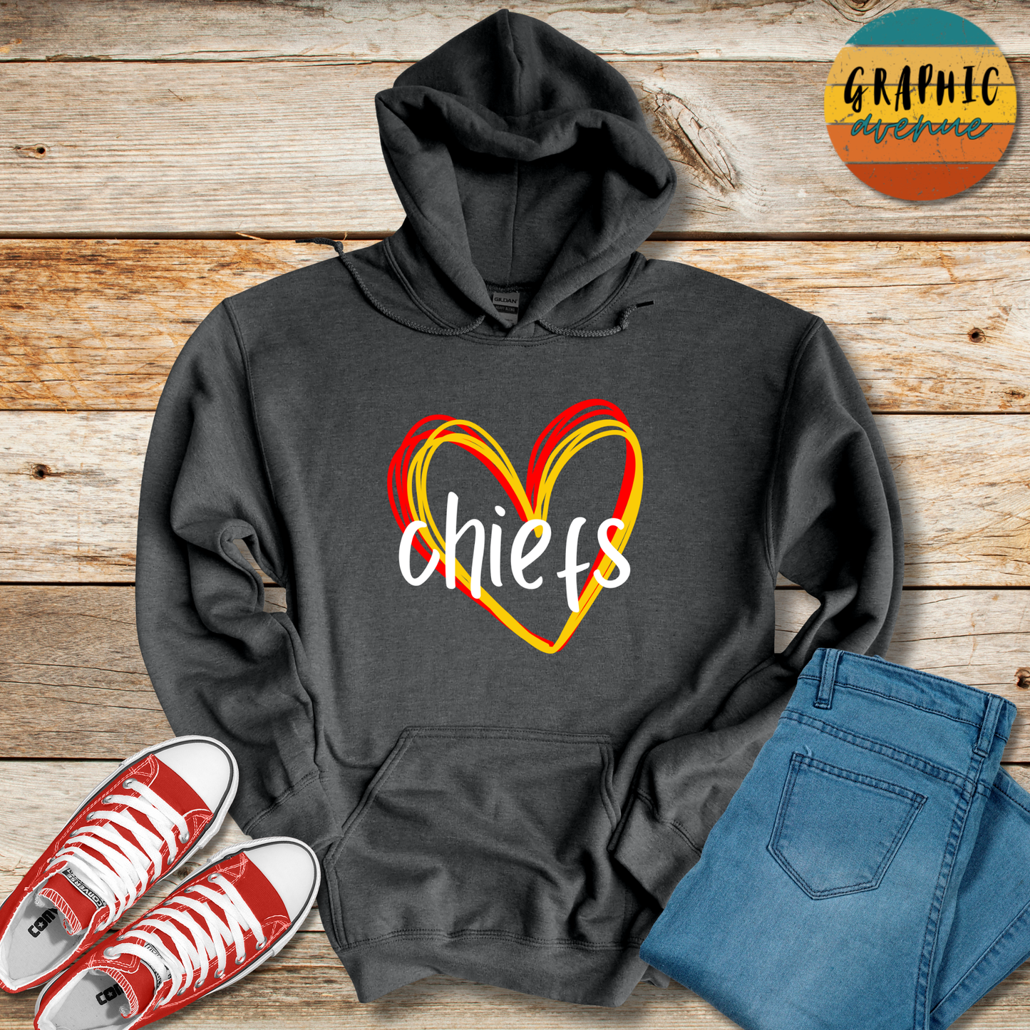 Kansas City Chiefs Heart Hooded Sweatshirt - 5 Colors Available in Youth and Adult Sizes