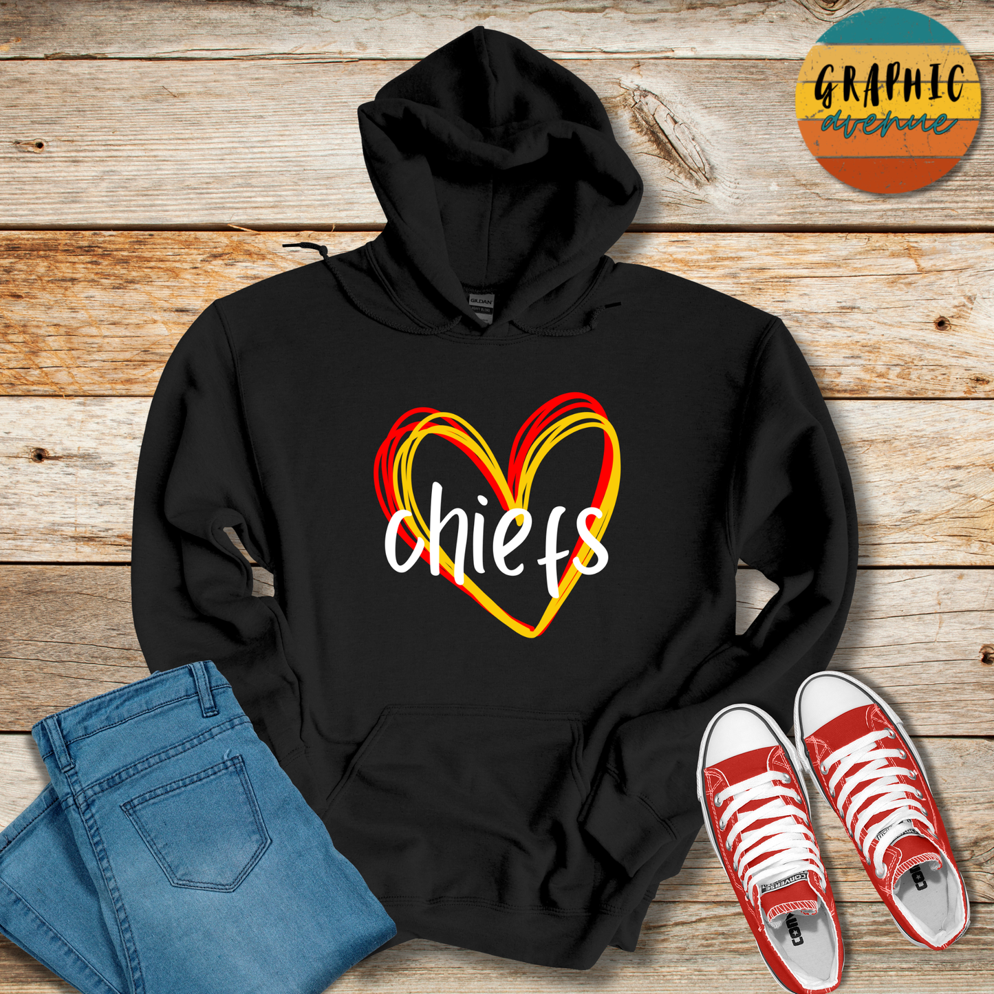 Kansas City Chiefs Heart Hooded Sweatshirt - 5 Colors Available in Youth and Adult Sizes