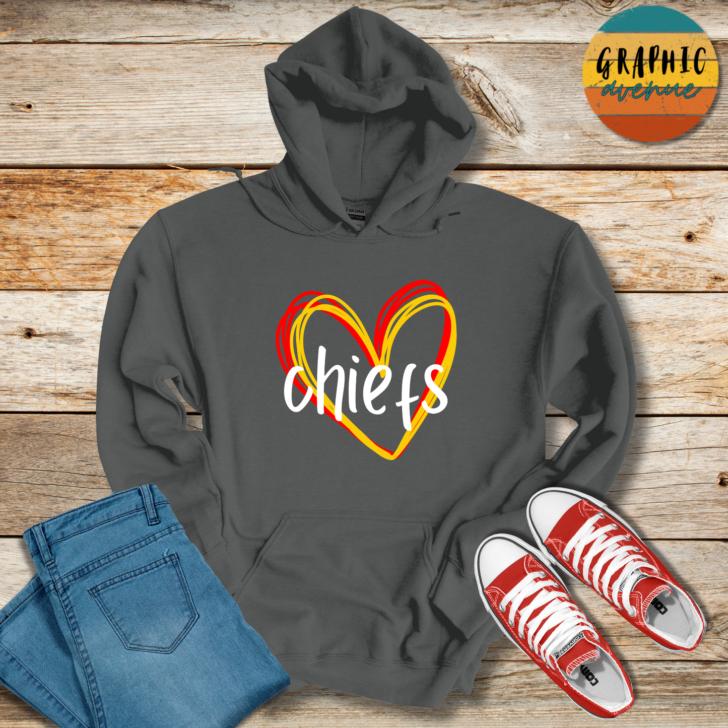 Kansas City Chiefs Heart Hooded Sweatshirt - 5 Colors Available in Youth and Adult Sizes