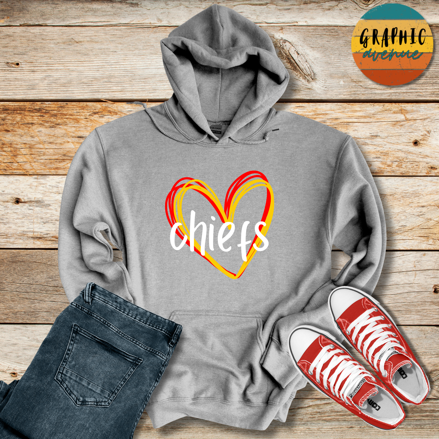 Kansas City Chiefs Heart Hooded Sweatshirt - 5 Colors Available in Youth and Adult Sizes