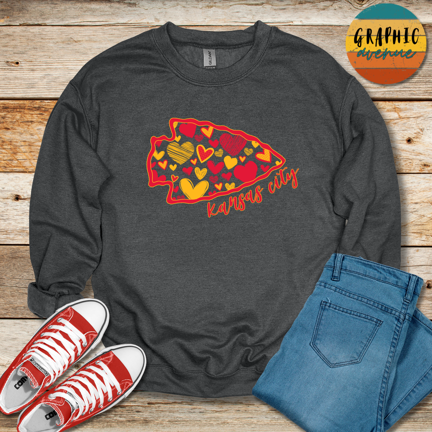 Kansas City Chiefs Arrowhead Heart Sweatshirt - 5 Colors Available in Youth and Adult Sizes