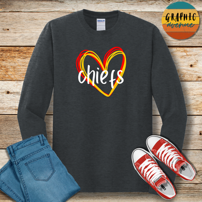 Kansas City Chiefs Heart Long Sleeve Tee Shirt- 5 Colors Available in Youth and Adult Sizes