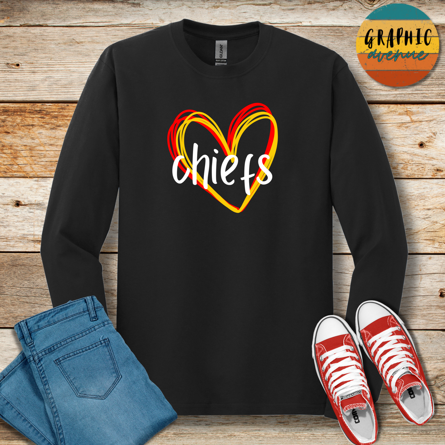 Kansas City Chiefs Heart Long Sleeve Tee Shirt- 5 Colors Available in Youth and Adult Sizes