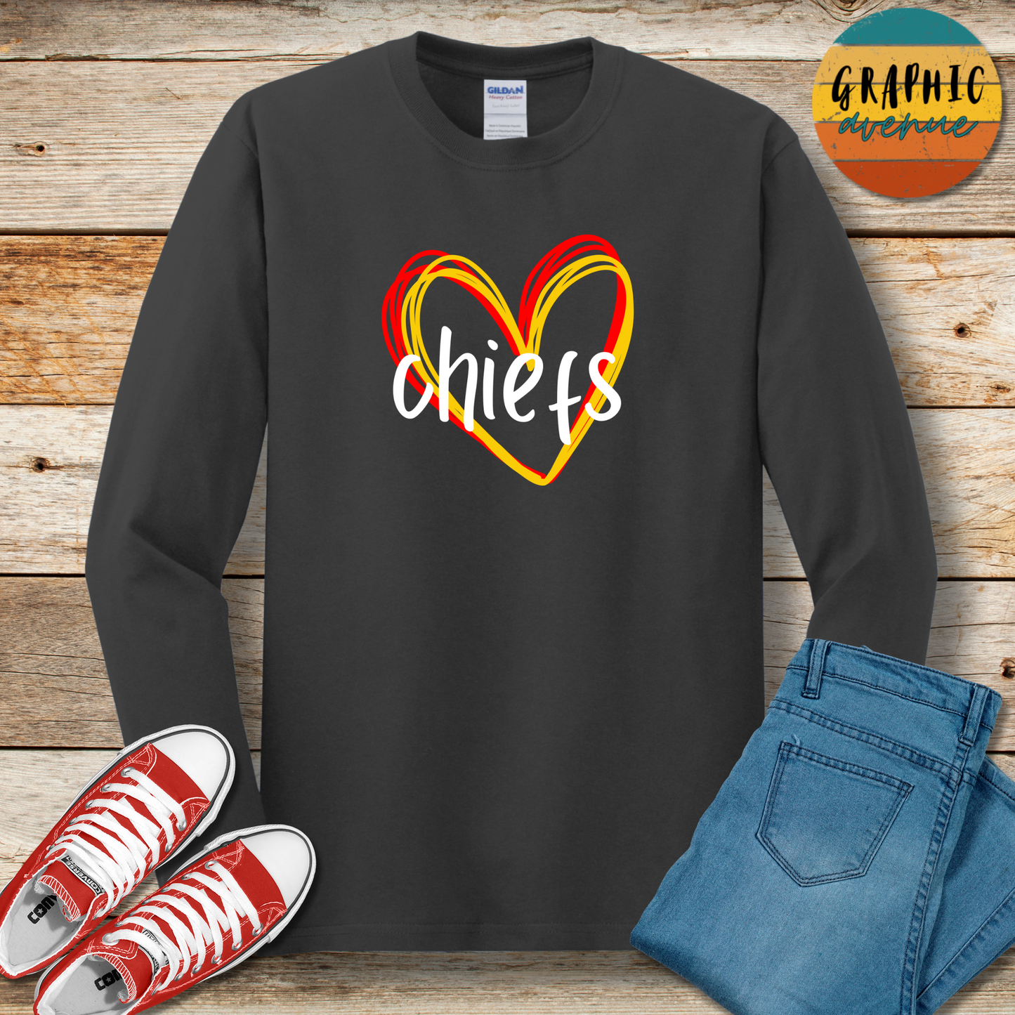 Kansas City Chiefs Heart Long Sleeve Tee Shirt- 5 Colors Available in Youth and Adult Sizes