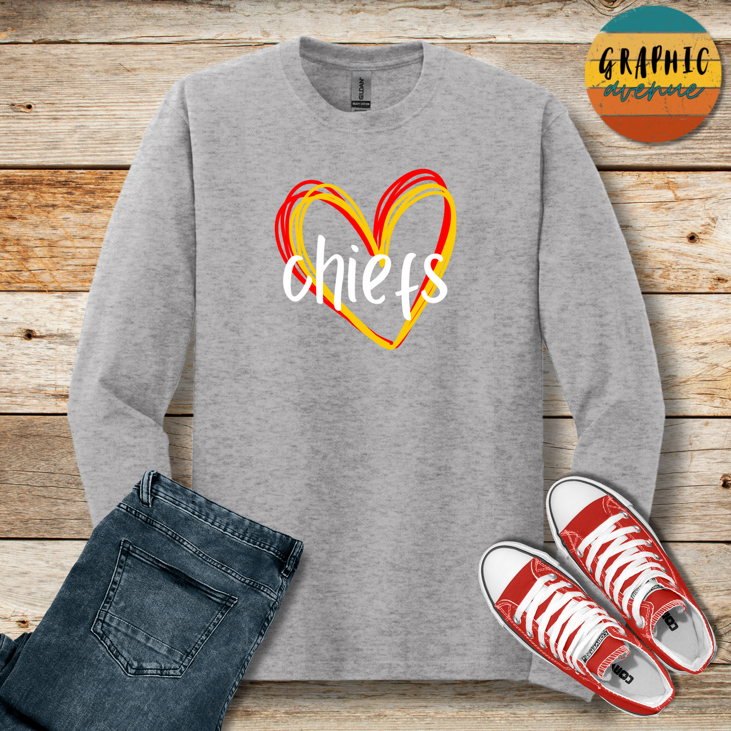 Kansas City Chiefs Heart Long Sleeve Tee Shirt- 5 Colors Available in Youth and Adult Sizes