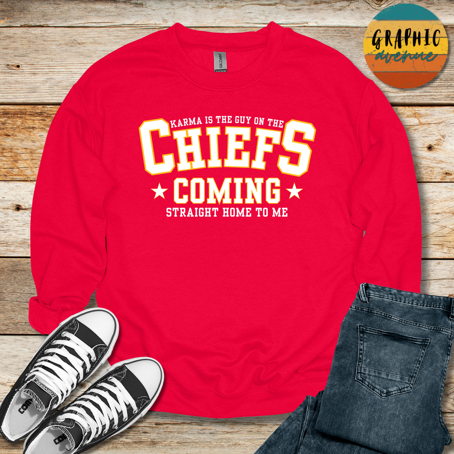 Kansas City Chiefs - Karma is the Guy - Taylor Swift Chiefs Shirts  - Available in Tee Shirt, Long Sleeve Tee, Crewneck and Hooded Sweatshirt