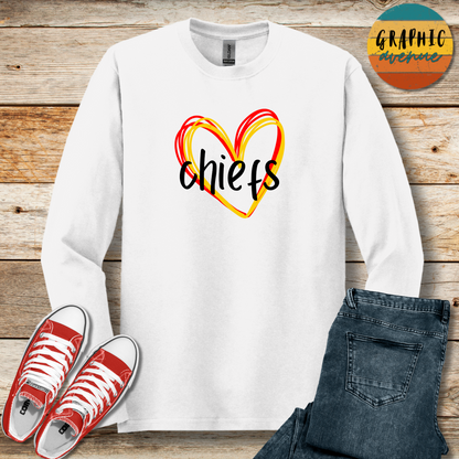 Kansas City Chiefs Heart Long Sleeve Tee Shirt- 5 Colors Available in Youth and Adult Sizes