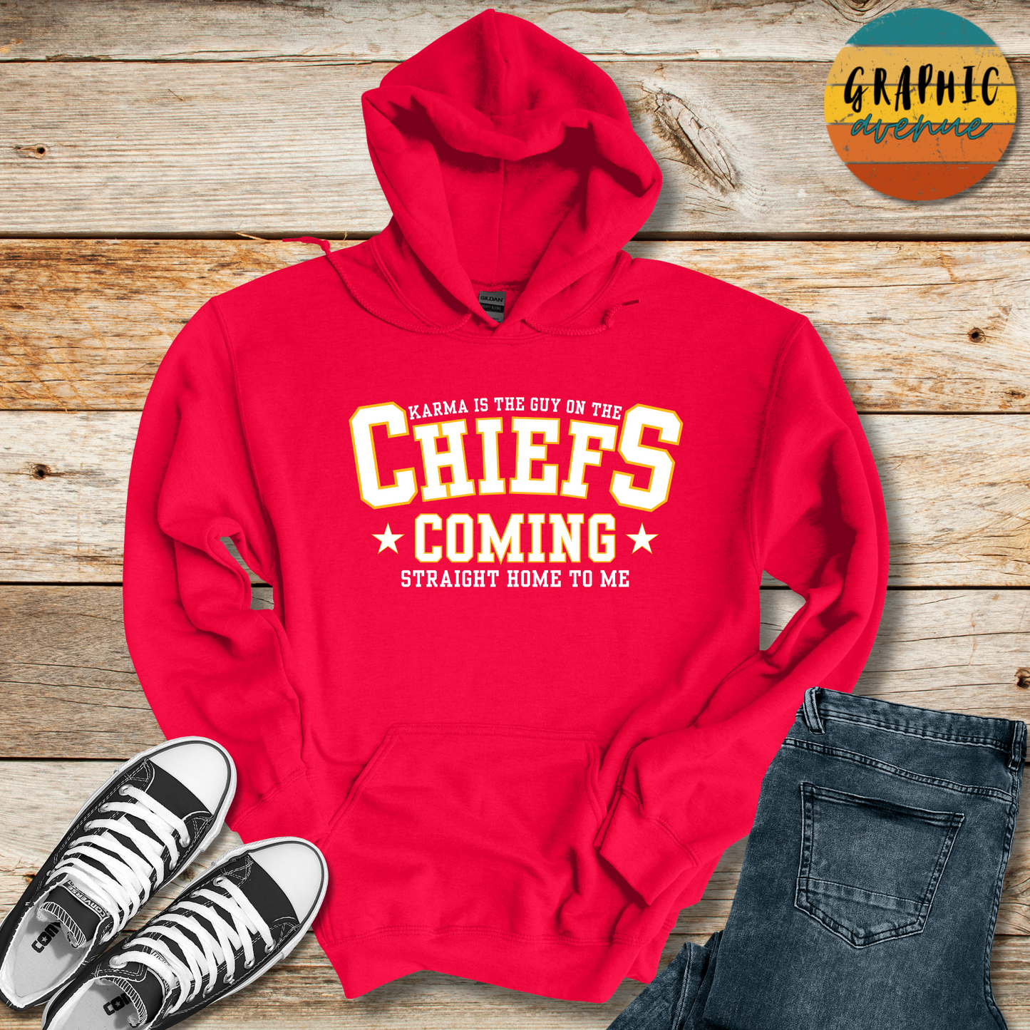 Kansas City Chiefs - Karma is the Guy - Taylor Swift Chiefs Shirts  - Available in Tee Shirt, Long Sleeve Tee, Crewneck and Hooded Sweatshirt