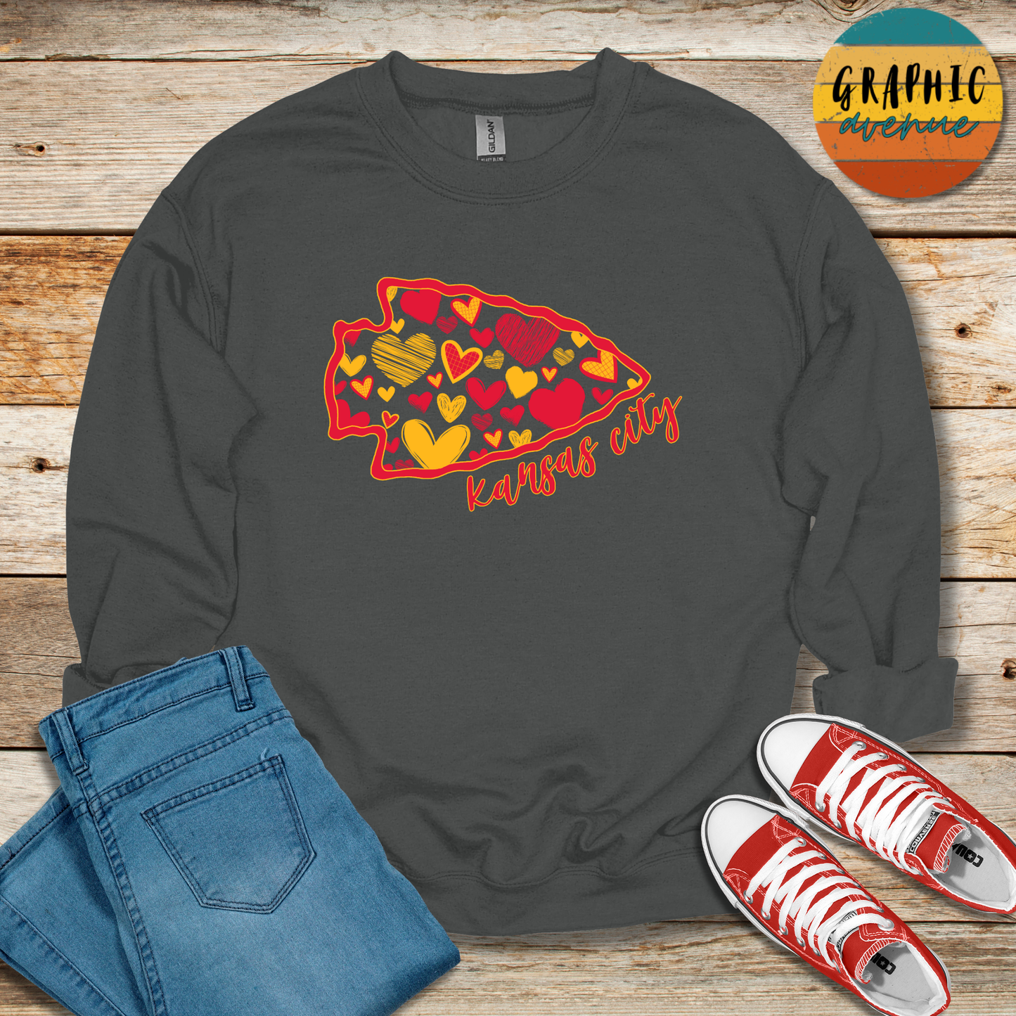 Kansas City Chiefs Arrowhead Heart Sweatshirt - 5 Colors Available in Youth and Adult Sizes