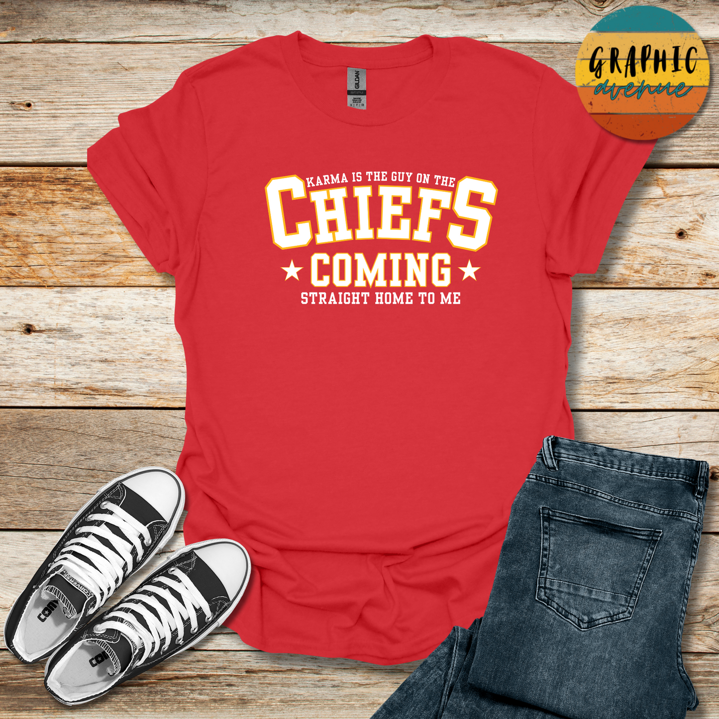 Kansas City Chiefs - Karma is the Guy - Taylor Swift Chiefs Shirts  - Available in Tee Shirt, Long Sleeve Tee, Crewneck and Hooded Sweatshirt