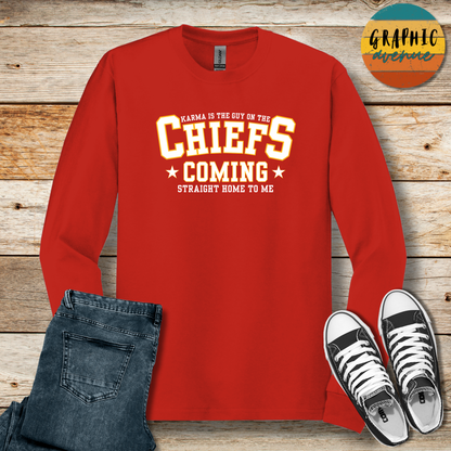 Kansas City Chiefs - Karma is the Guy - Taylor Swift Chiefs Shirts  - Available in Tee Shirt, Long Sleeve Tee, Crewneck and Hooded Sweatshirt