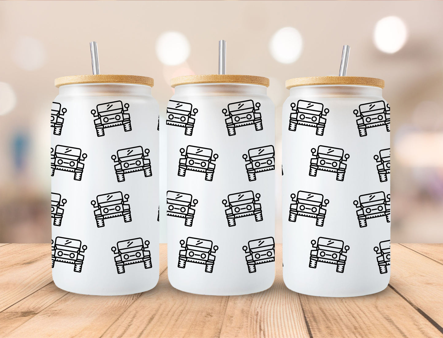 16oz Frosted Glass with Bamboo Lid Cup - 9 Designs to Choose From