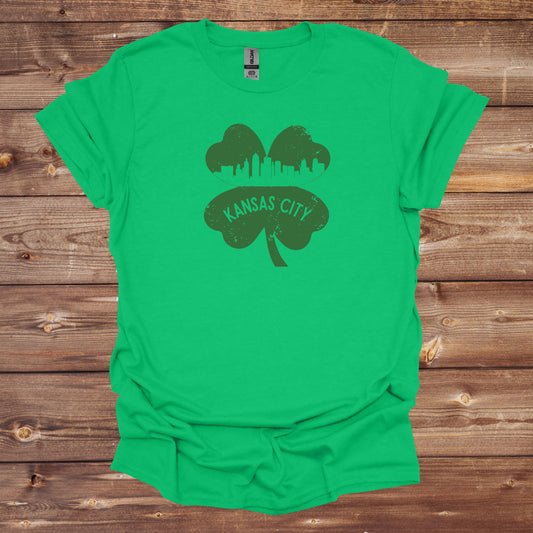 St. Patrick's Day T-Shirt - Kansas City Skyline Four Leaf Clover