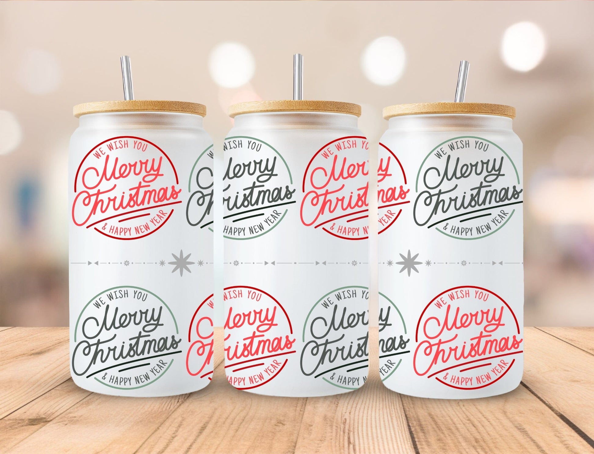 Christmas 16oz Frosted Glass with Bamboo Lid Cup - 15 Designs to Choose From 16oz Glass Tumbler Graphic Avenue 