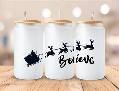 Christmas 16oz Frosted Glass with Bamboo Lid Cup - 15 Designs to Choose From 16oz Glass Tumbler Graphic Avenue Believe 