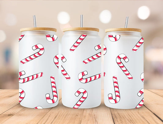 Christmas 16oz Frosted Glass with Bamboo Lid Cup - 15 Designs to Choose From 16oz Glass Tumbler Graphic Avenue Candy Canes 