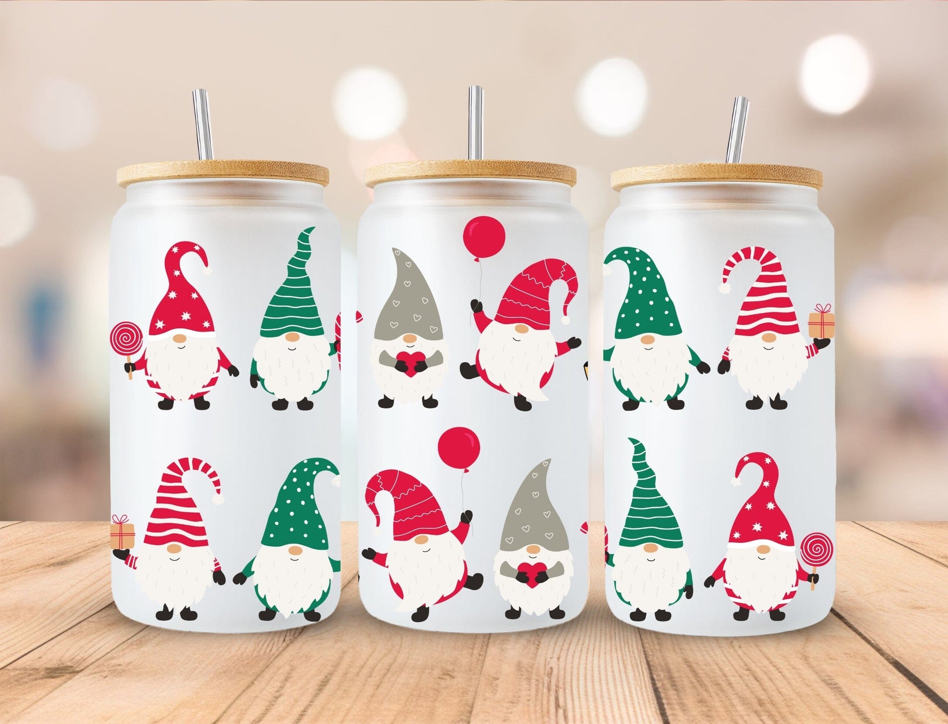 Christmas 16oz Frosted Glass with Bamboo Lid Cup - 15 Designs to Choose From 16oz Glass Tumbler Graphic Avenue Christmas Gnomes 