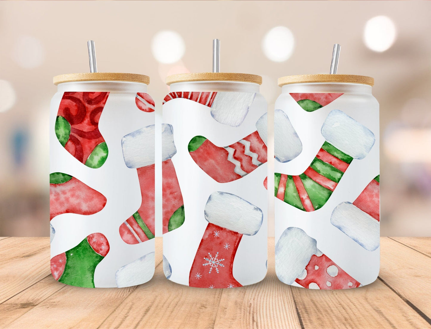 Christmas 16oz Frosted Glass with Bamboo Lid Cup - 15 Designs to Choose From 16oz Glass Tumbler Graphic Avenue Christmas Stockings 