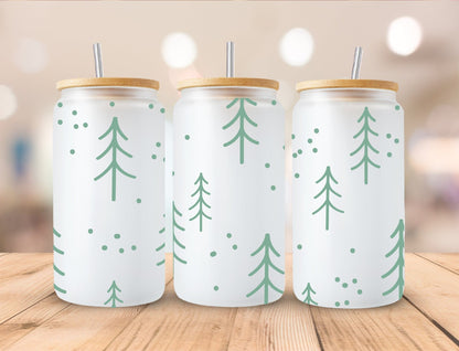 Christmas 16oz Frosted Glass with Bamboo Lid Cup - 15 Designs to Choose From 16oz Glass Tumbler Graphic Avenue Christmas Trees 