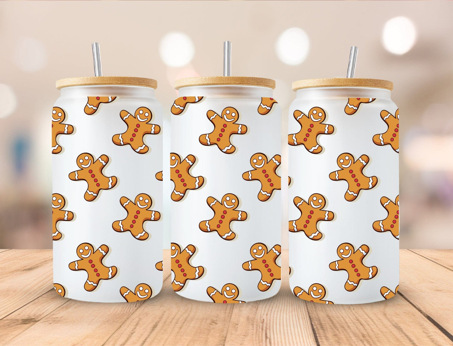 Christmas 16oz Frosted Glass with Bamboo Lid Cup - 15 Designs to Choose From 16oz Glass Tumbler Graphic Avenue Gingerbread Men 