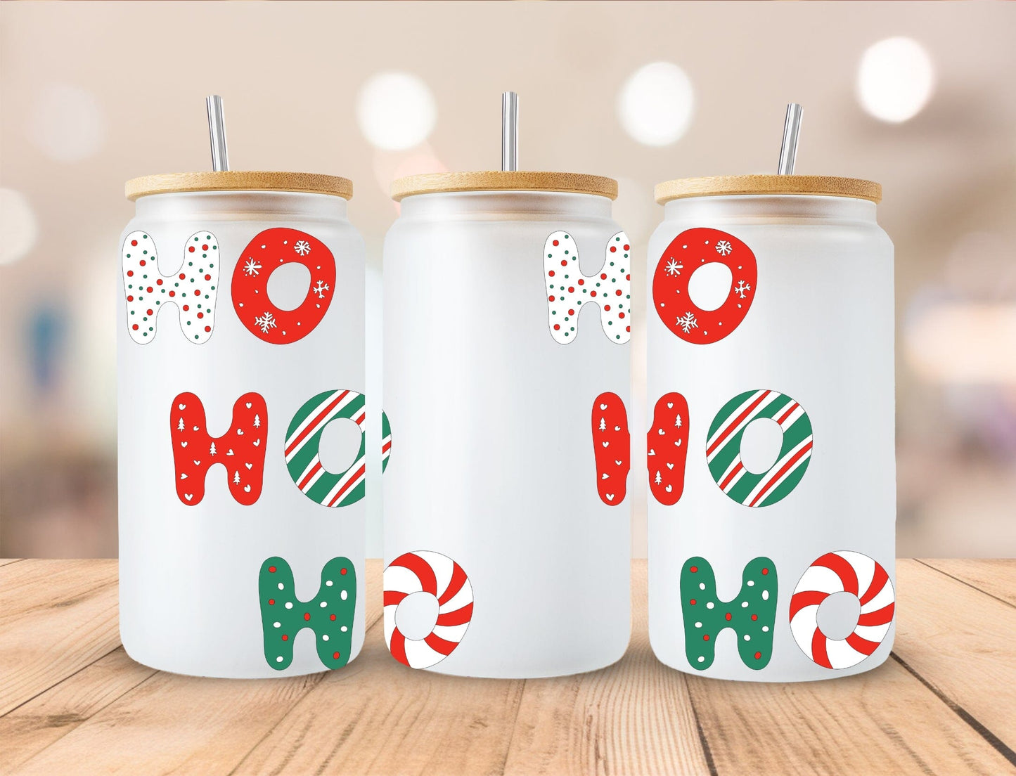 Christmas 16oz Frosted Glass with Bamboo Lid Cup - 15 Designs to Choose From 16oz Glass Tumbler Graphic Avenue Ho Ho Ho Red and Green 