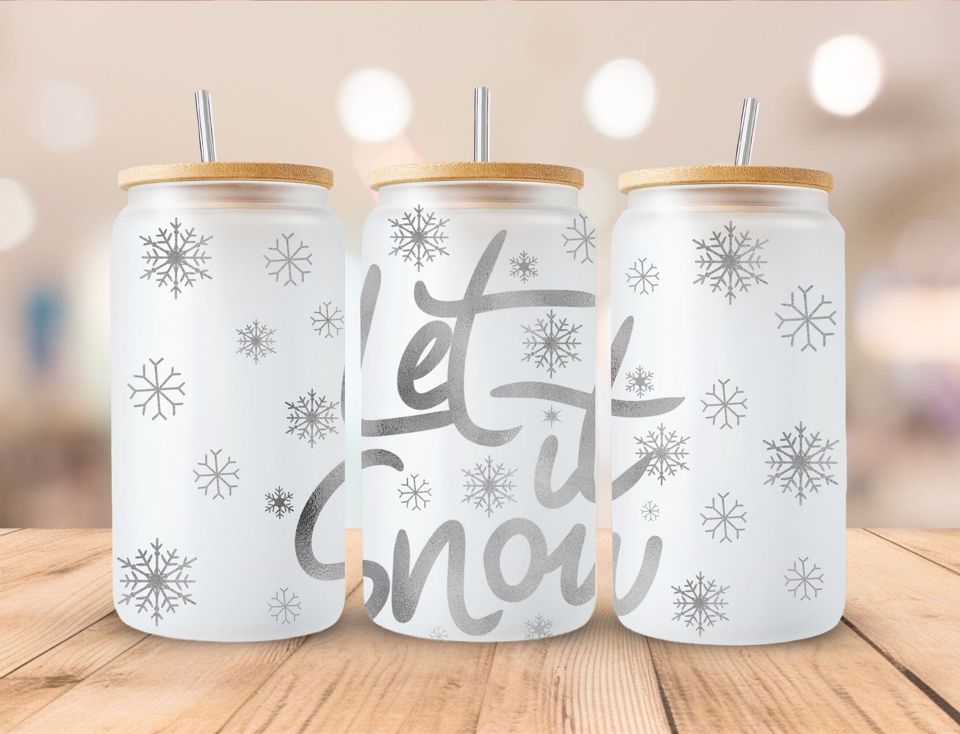 Christmas 16oz Frosted Glass with Bamboo Lid Cup - 15 Designs to Choose From 16oz Glass Tumbler Graphic Avenue Let it Snow 