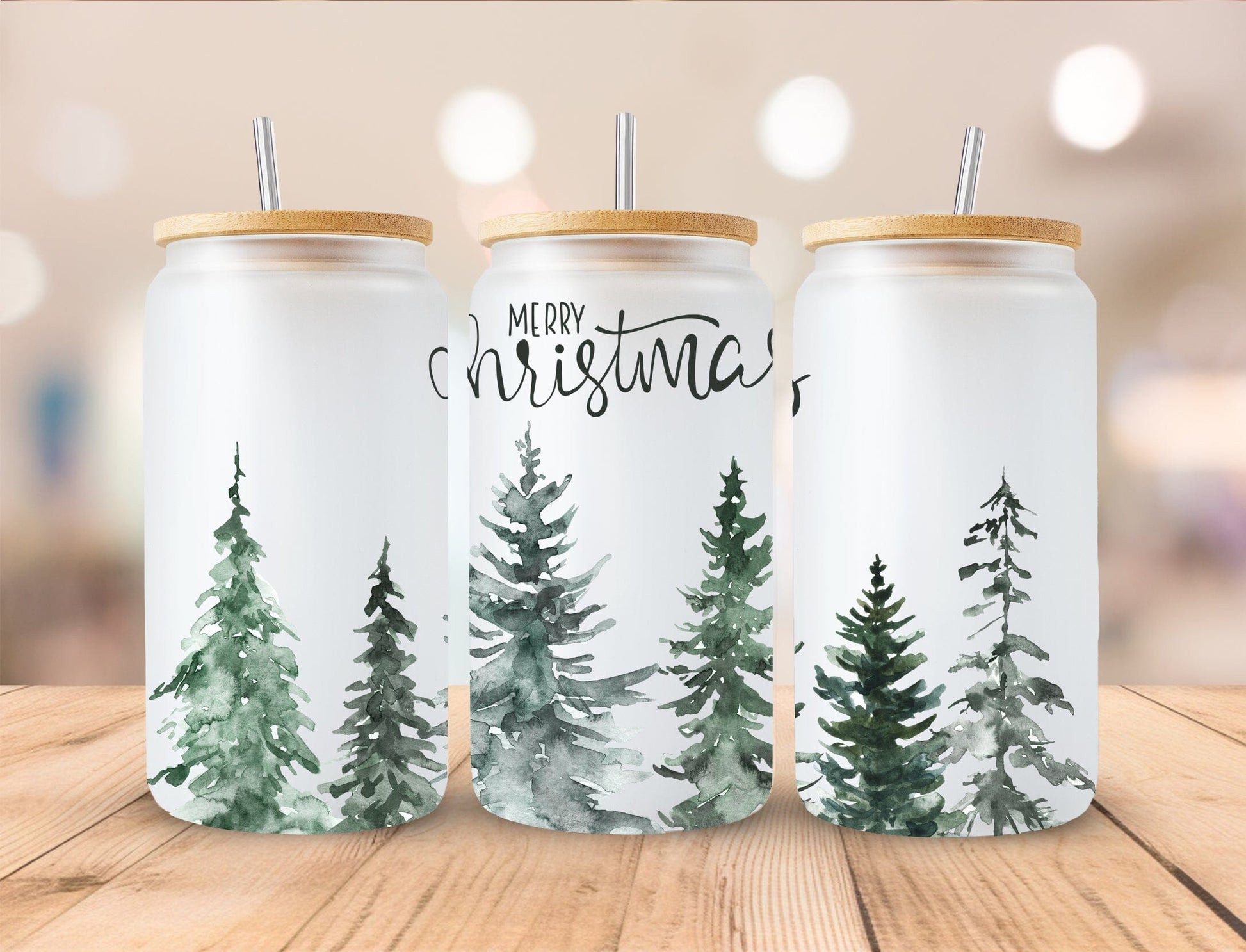 Christmas 16oz Frosted Glass with Bamboo Lid Cup - 15 Designs to Choose From 16oz Glass Tumbler Graphic Avenue Merry Christmas 