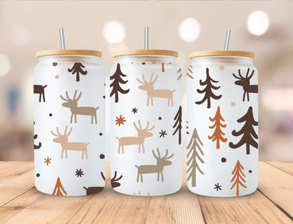 Christmas 16oz Frosted Glass with Bamboo Lid Cup - 15 Designs to Choose From 16oz Glass Tumbler Graphic Avenue Reindeer 