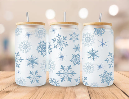 Christmas 16oz Frosted Glass with Bamboo Lid Cup - 15 Designs to Choose From 16oz Glass Tumbler Graphic Avenue Snowflakes 