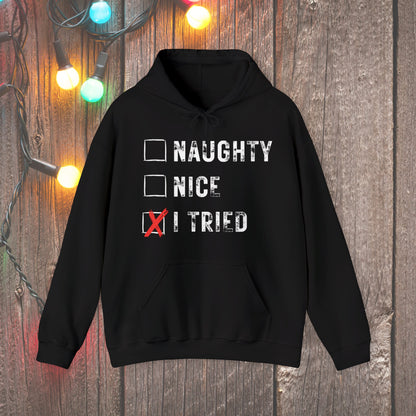 Christmas Hoodie - Naughty Nice I Tried - Mens Christmas Shirts - Youth and Adult Christmas Hooded Sweatshirt Hooded Sweatshirt Graphic Avenue Black Adult Small 