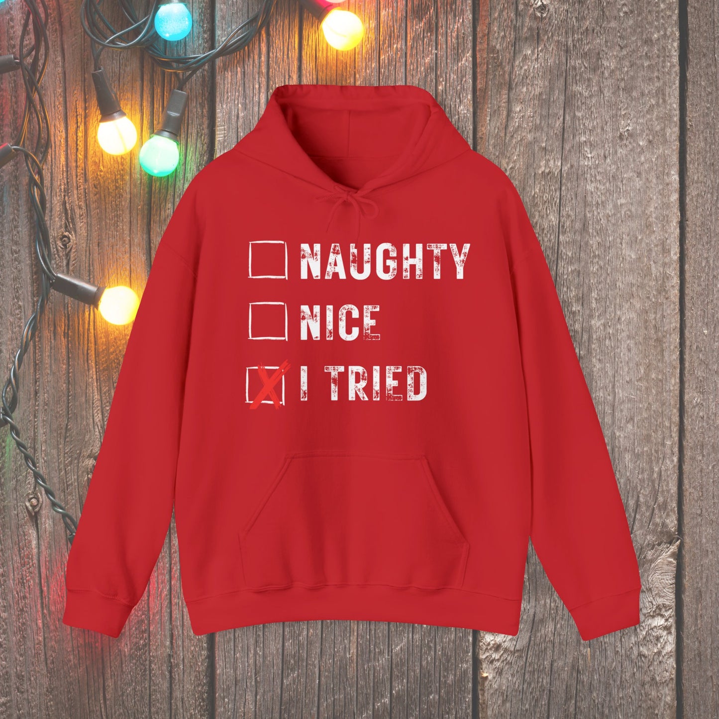 Christmas Hoodie - Naughty Nice I Tried - Mens Christmas Shirts - Youth and Adult Christmas Hooded Sweatshirt Hooded Sweatshirt Graphic Avenue Red Adult Small 